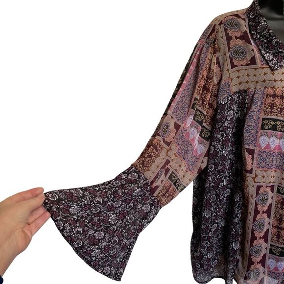 Maurices Bohemian Button Front Patchwork Peasant Blouse Bell Sleeves Sz 4X - Picture 2 of 11